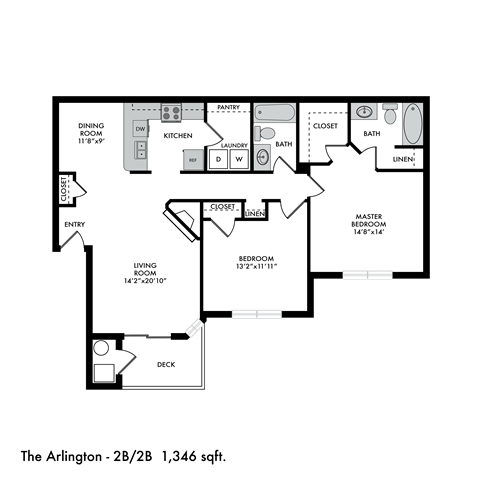 Floor plan for 2 beds, 2 baths, 1346 sqft